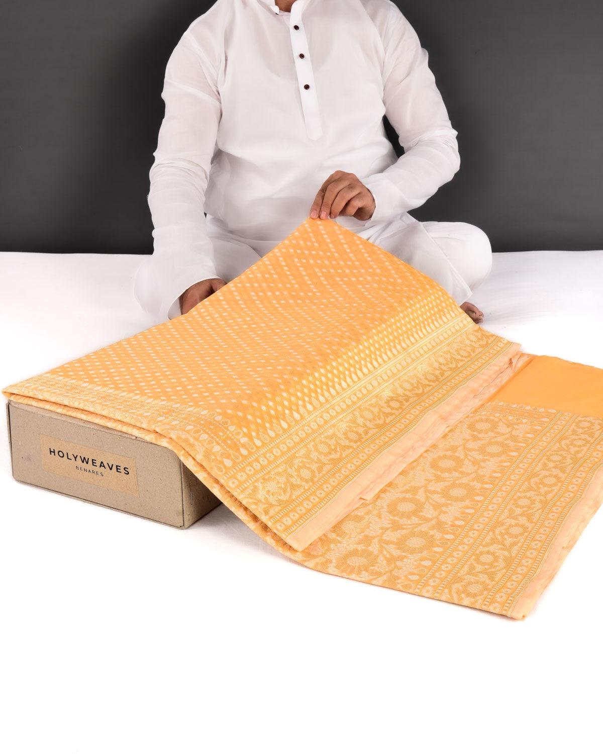Orange Banarasi Gold Zari & White Chevron Buti Cutwork Brocade Woven Art Cotton Silk Saree - By HolyWeaves, Benares
