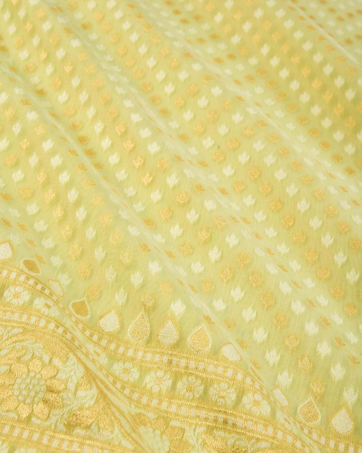 Sage Green Banarasi Gold Zari & White Chevron Buti Cutwork Brocade Woven Art Cotton Silk Saree - By HolyWeaves, Benares