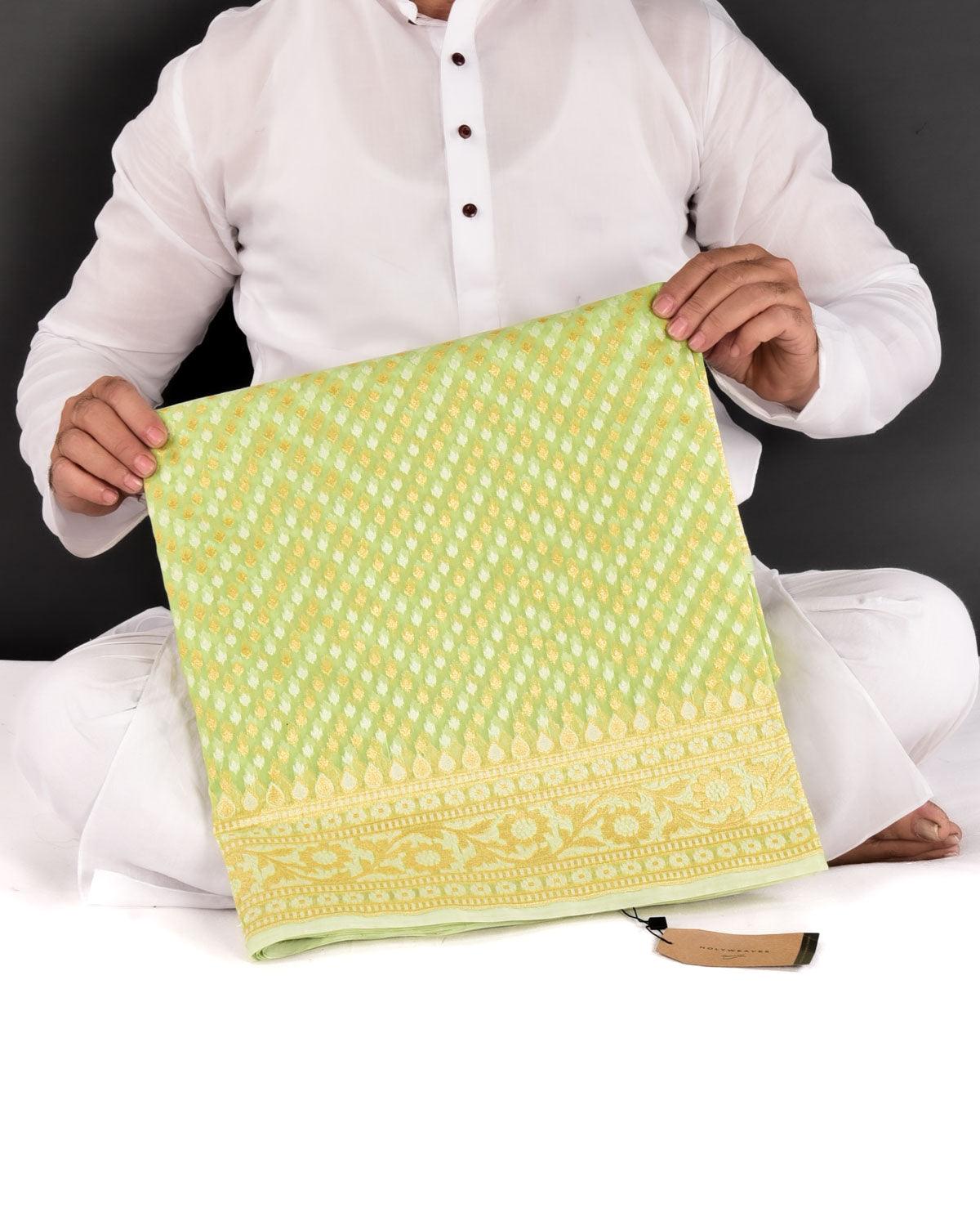 Sage Green Banarasi Gold Zari & White Chevron Buti Cutwork Brocade Woven Art Cotton Silk Saree - By HolyWeaves, Benares