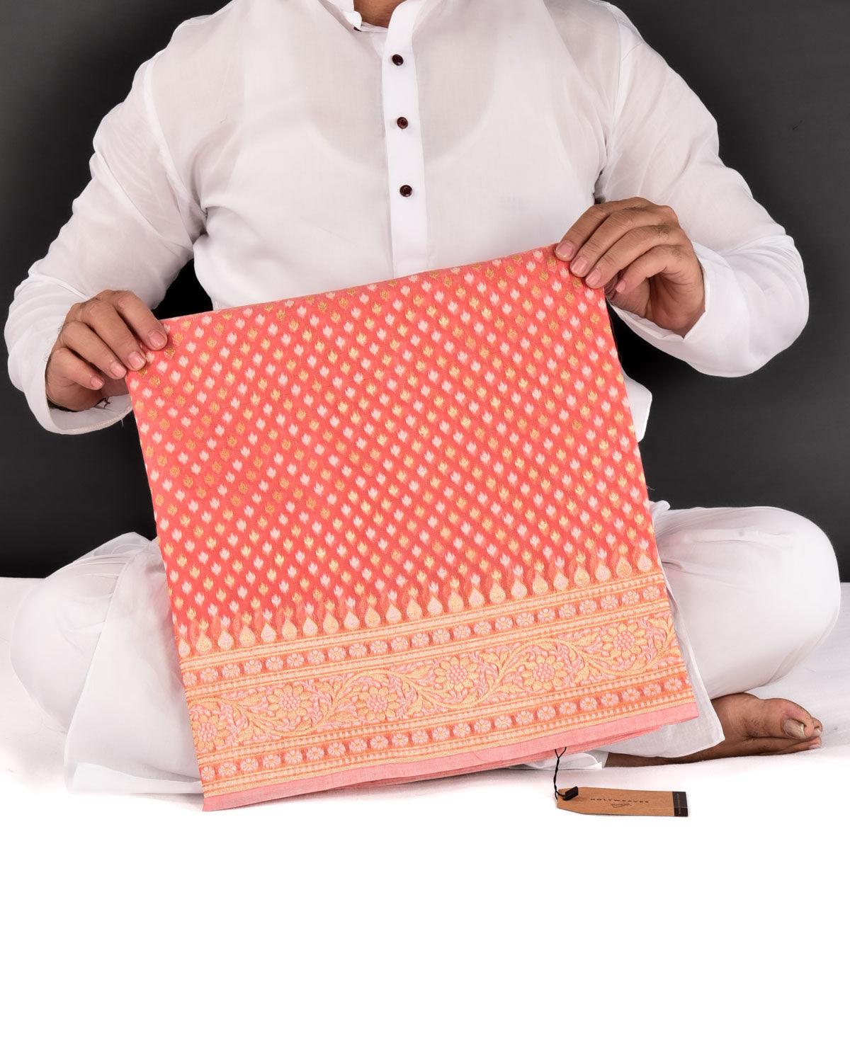 Peach Banarasi Gold Zari & White Chevron Buti Cutwork Brocade Woven Art Cotton Silk Saree - By HolyWeaves, Benares