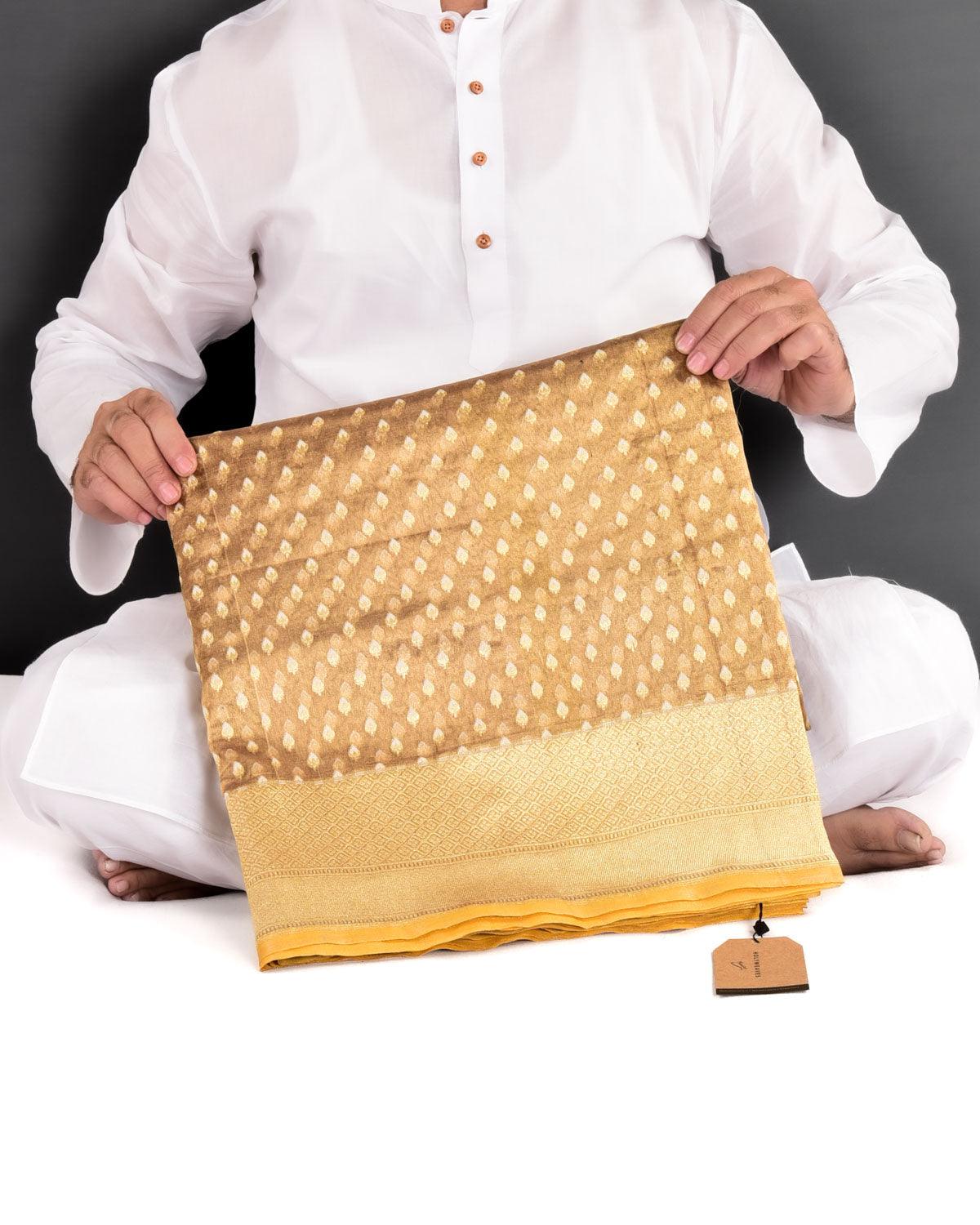 Metallic Gold Banarasi Gold Zari & White Resham Alfi Buti Cutwork Brocade Handwoven Kora Tissue Saree - By HolyWeaves, Benares