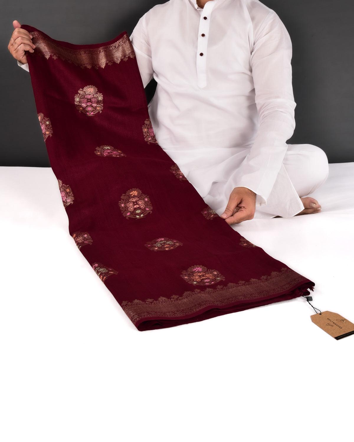 Mahogany Banarasi Gold Zari & Resham Tehra Buta Kadhuan Brocade Handwoven Tasar Georgette Saree - By HolyWeaves, Benares