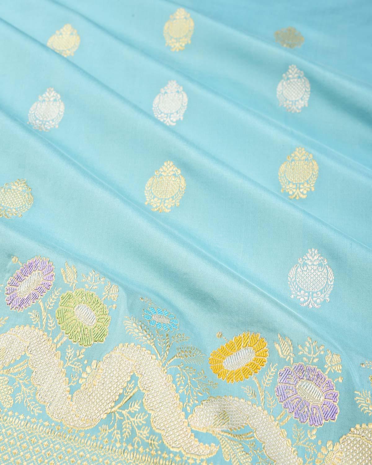 Tiffany Blue Banarasi Gold & Silver Zari Buta Kadhuan Brocade Handwoven Katan Silk Saree with Flower Bed Border - By HolyWeaves, Benares