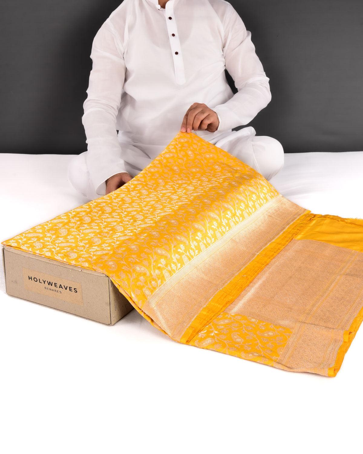 Yellow Banarasi Alfi Sona Rupa Paisley Jaal Cutwork Brocade Handwoven Katan Silk Saree - By HolyWeaves, Benares
