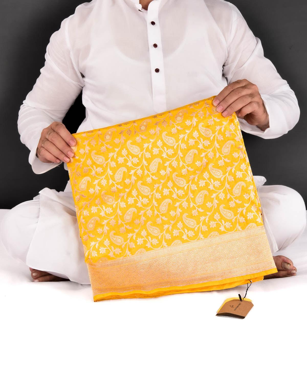 Yellow Banarasi Alfi Sona Rupa Paisley Jaal Cutwork Brocade Handwoven Katan Silk Saree - By HolyWeaves, Benares