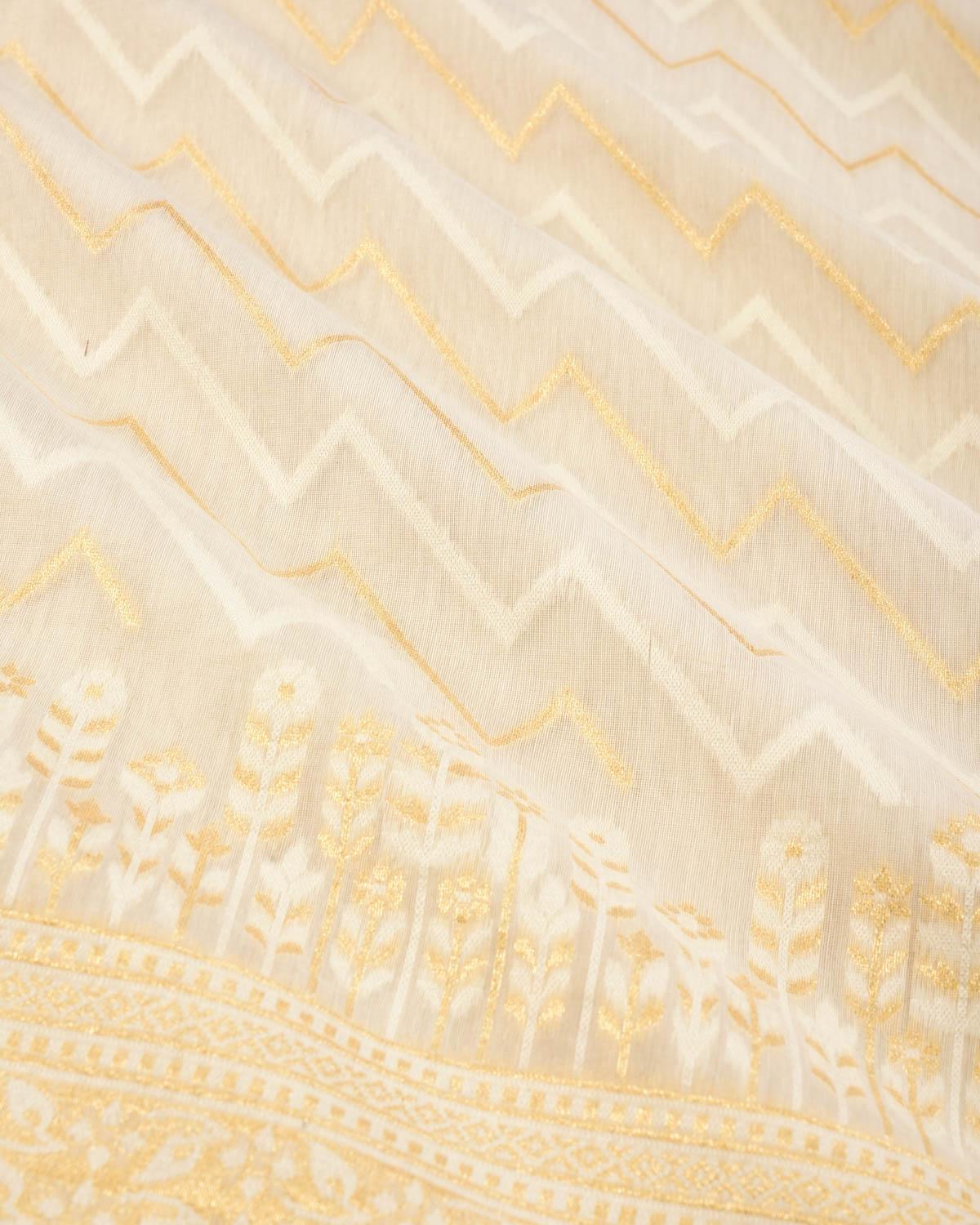 White Banarasi Gold Zari & White Resham Serrated Hills Cutwork Brocade Woven Art Cotton Silk Saree - By HolyWeaves, Benares