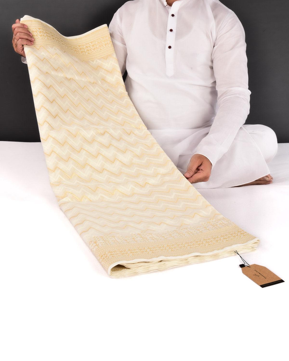 White Banarasi Gold Zari & White Resham Serrated Hills Cutwork Brocade Woven Art Cotton Silk Saree - By HolyWeaves, Benares
