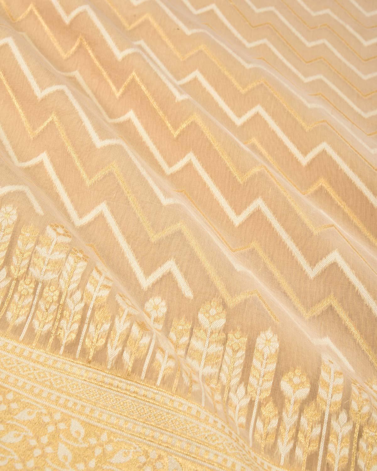 Beige Banarasi Gold Zari & White Resham Serrated Hills Cutwork Brocade Woven Art Cotton Silk Saree - By HolyWeaves, Benares
