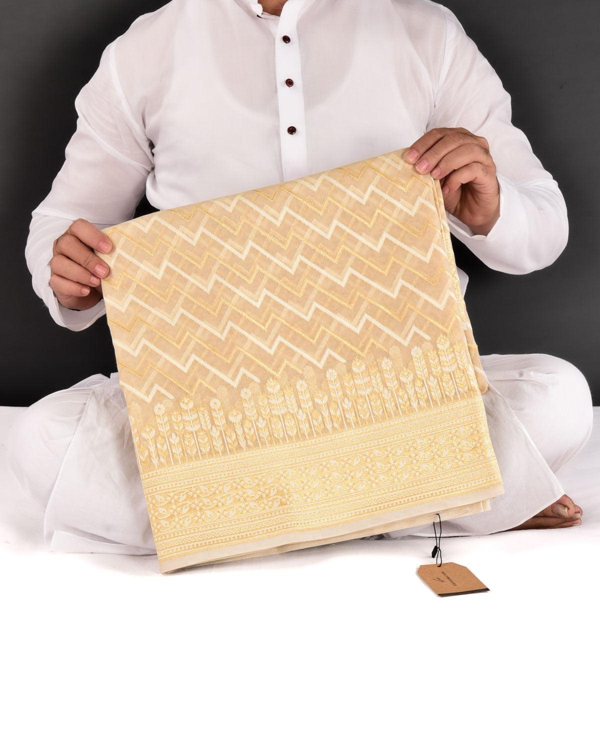 Beige Banarasi Gold Zari & White Resham Serrated Hills Cutwork Brocade Woven Art Cotton Silk Saree - By HolyWeaves, Benares