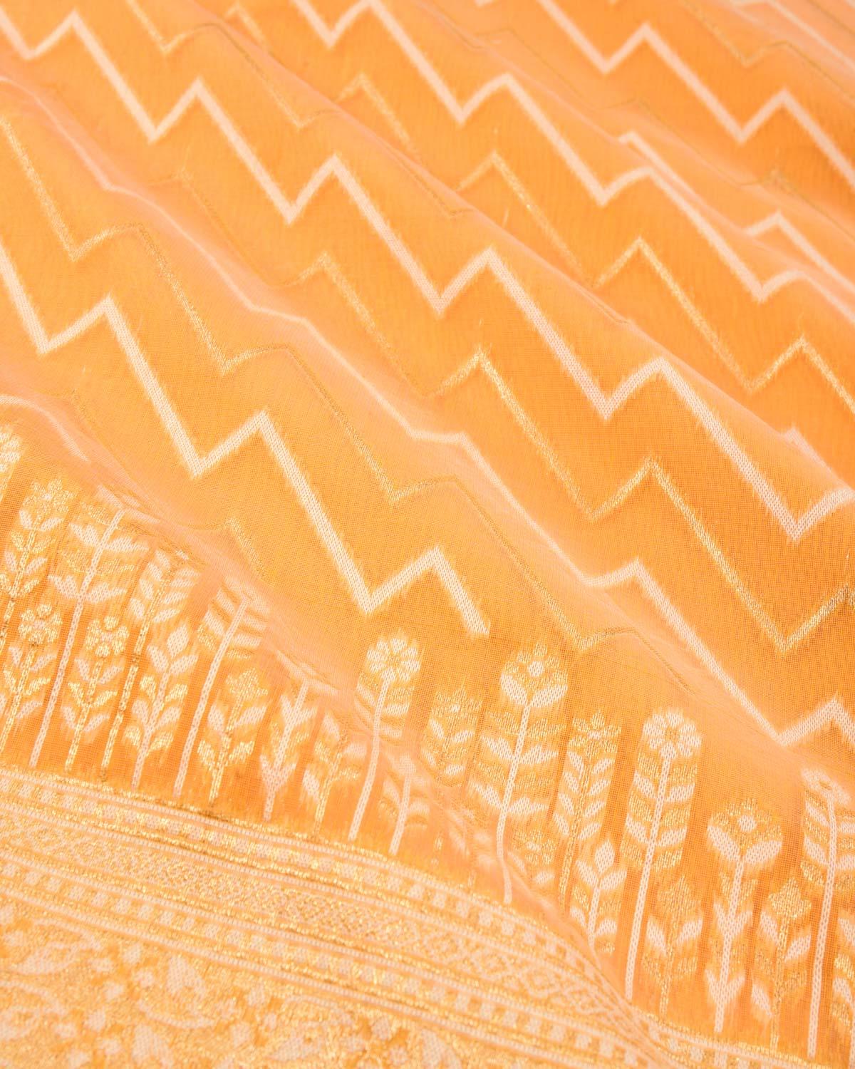 Orange Banarasi Gold Zari & White Resham Serrated Hills Cutwork Brocade Woven Art Cotton Silk Saree - By HolyWeaves, Benares