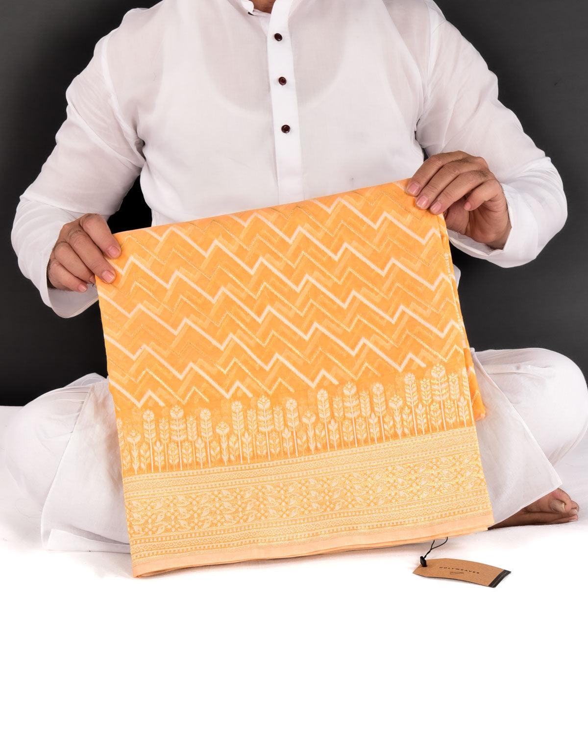 Orange Banarasi Gold Zari & White Resham Serrated Hills Cutwork Brocade Woven Art Cotton Silk Saree - By HolyWeaves, Benares