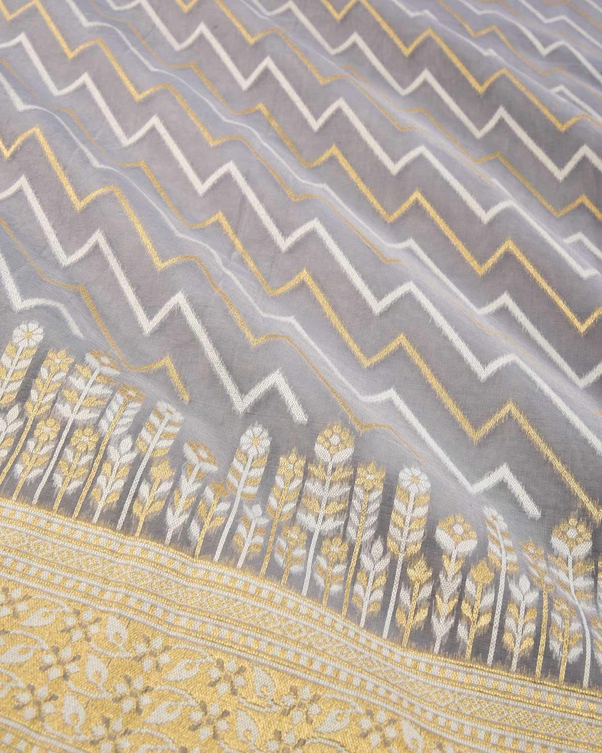 Gray Banarasi Gold Zari & White Resham Serrated Hills Cutwork Brocade Woven Art Cotton Silk Saree - By HolyWeaves, Benares