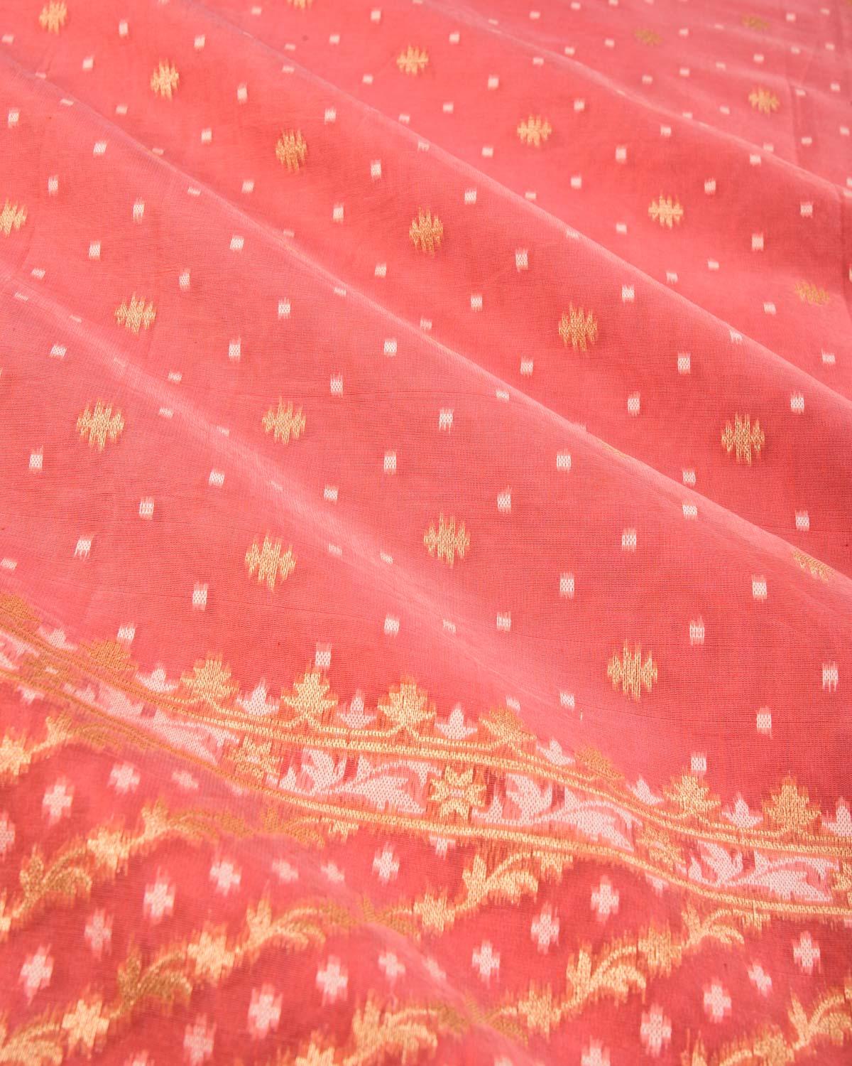Peach Banarasi Gold Zari & White Resham Dhakai Buti Cutwork Brocade Woven Art Cotton Silk Saree - By HolyWeaves, Benares