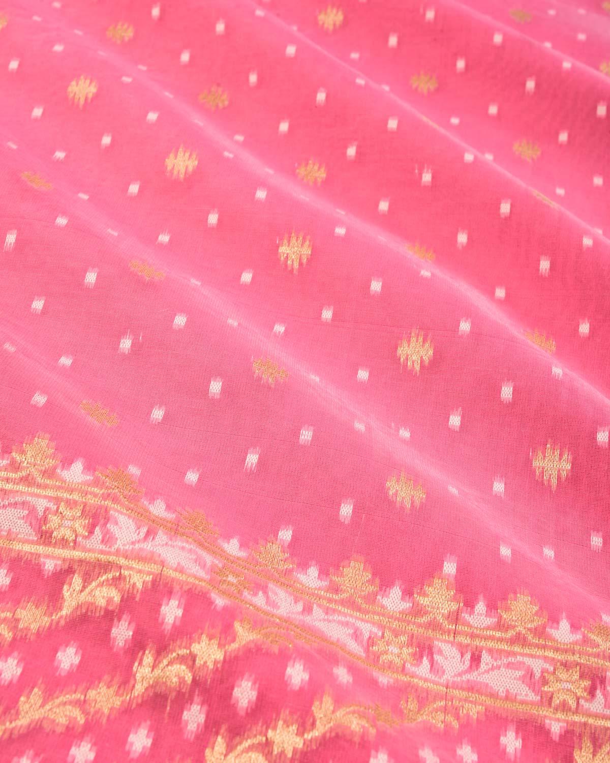 Pink Banarasi Gold Zari & White Resham Dhakai Buti Cutwork Brocade Woven Art Cotton Silk Saree - By HolyWeaves, Benares