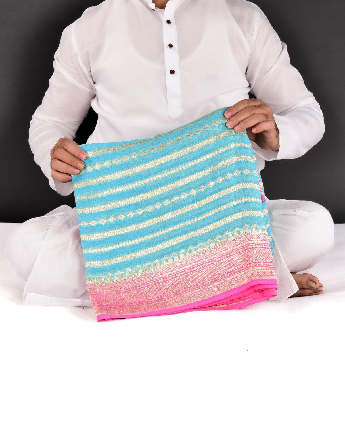 Ferozi Banarasi Horizontal Stripes Cutwork Brocade Handwoven Khaddi Georgette Saree with Contrast Pink Border Pallu - By HolyWeaves, Benares