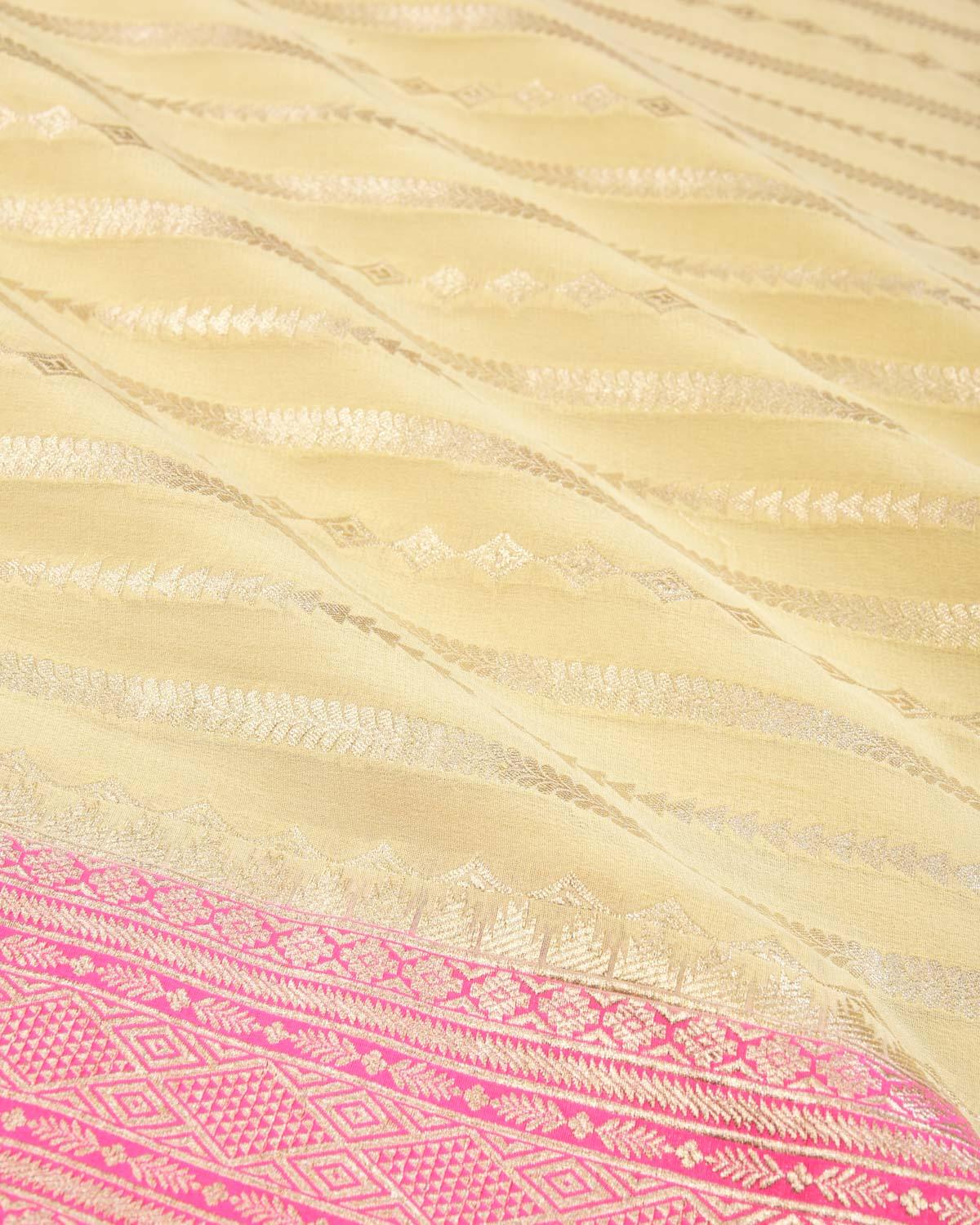Mellow Yellow Banarasi Horizontal Stripes Cutwork Brocade Handwoven Khaddi Georgette Saree with Contrast Pink Border Pallu - By HolyWeaves, Benares