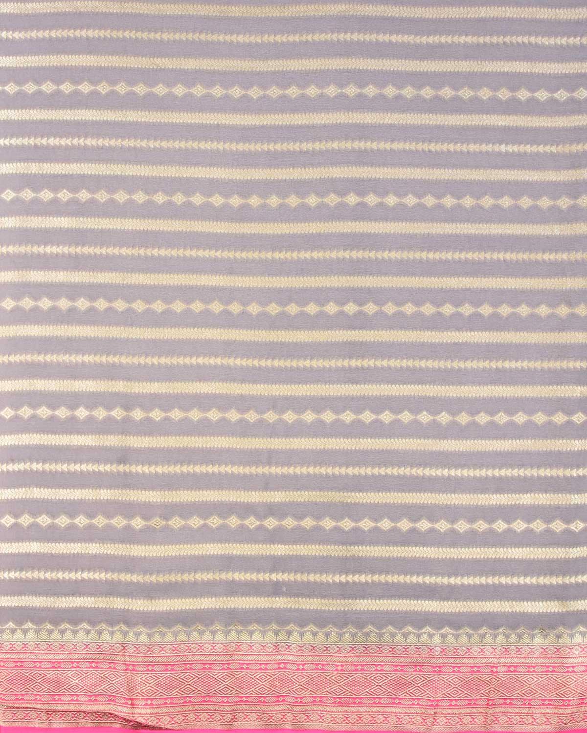 Gray Banarasi Horizontal Stripes Cutwork Brocade Handwoven Khaddi Georgette Saree with Contrast Pink Border Pallu - By HolyWeaves, Benares
