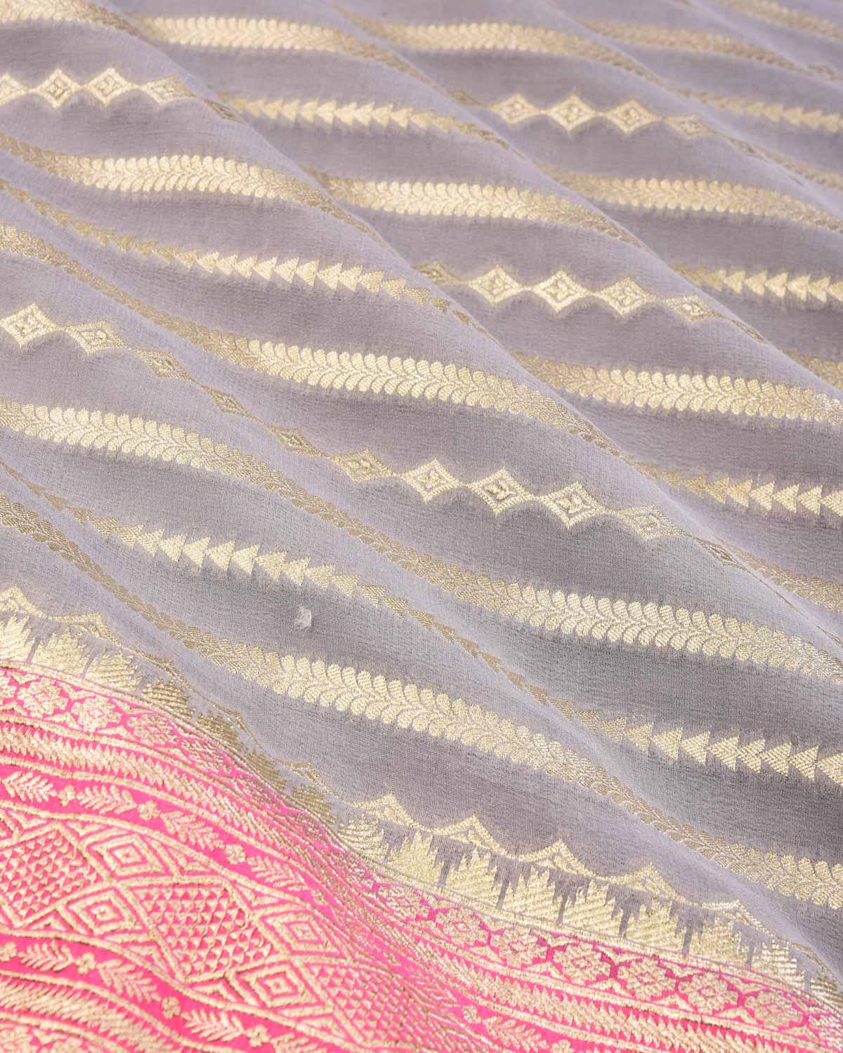 Gray Banarasi Horizontal Stripes Cutwork Brocade Handwoven Khaddi Georgette Saree with Contrast Pink Border Pallu - By HolyWeaves, Benares