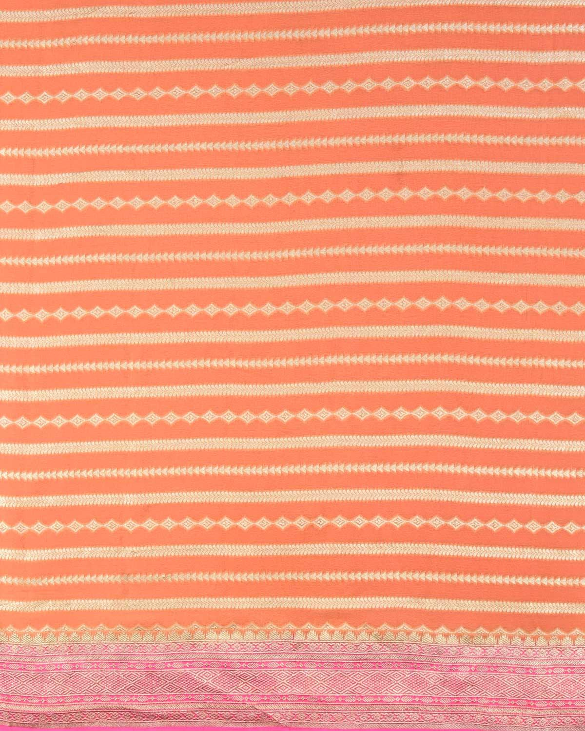 Orange Banarasi Horizontal Stripes Cutwork Brocade Handwoven Khaddi Georgette Saree with Contrast Pink Border Pallu - By HolyWeaves, Benares