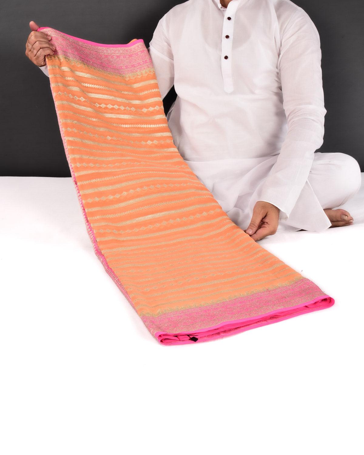 Orange Banarasi Horizontal Stripes Cutwork Brocade Handwoven Khaddi Georgette Saree with Contrast Pink Border Pallu - By HolyWeaves, Benares