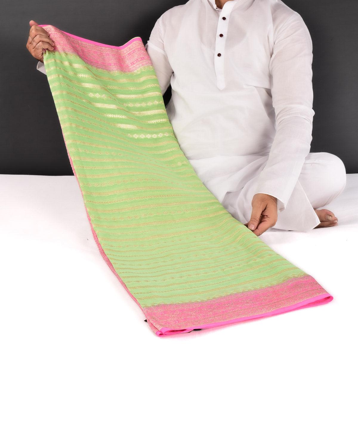 Green Banarasi Horizontal Stripes Cutwork Brocade Handwoven Khaddi Georgette Saree with Contrast Pink Border Pallu - By HolyWeaves, Benares