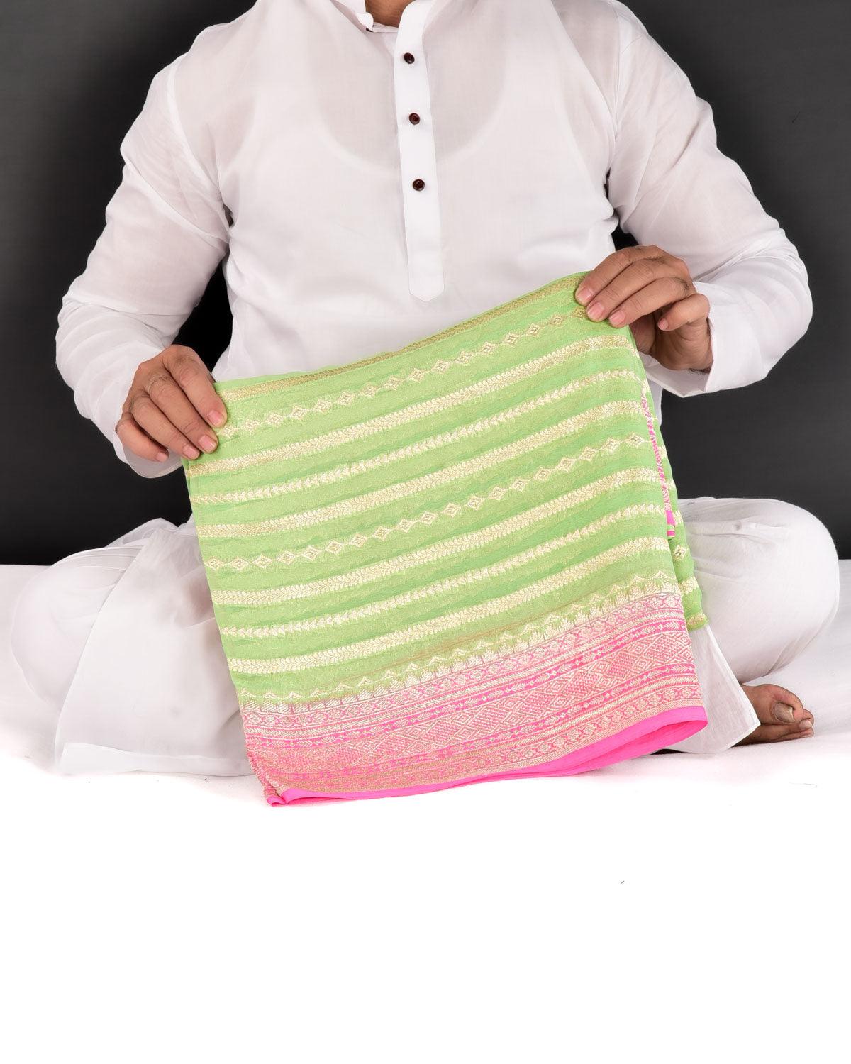 Green Banarasi Horizontal Stripes Cutwork Brocade Handwoven Khaddi Georgette Saree with Contrast Pink Border Pallu - By HolyWeaves, Benares