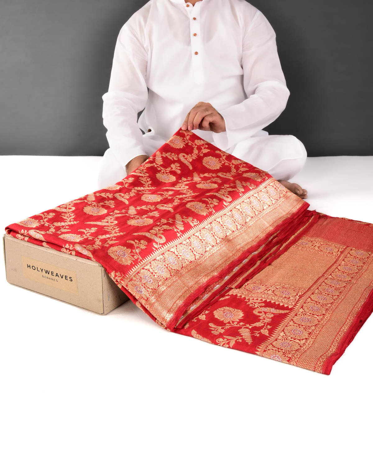 Festive Red Banarasi Gold & Silver Zari Jaal Overdyed Cutwork Brocade Woven Spun Silk Saree - By HolyWeaves, Benares
