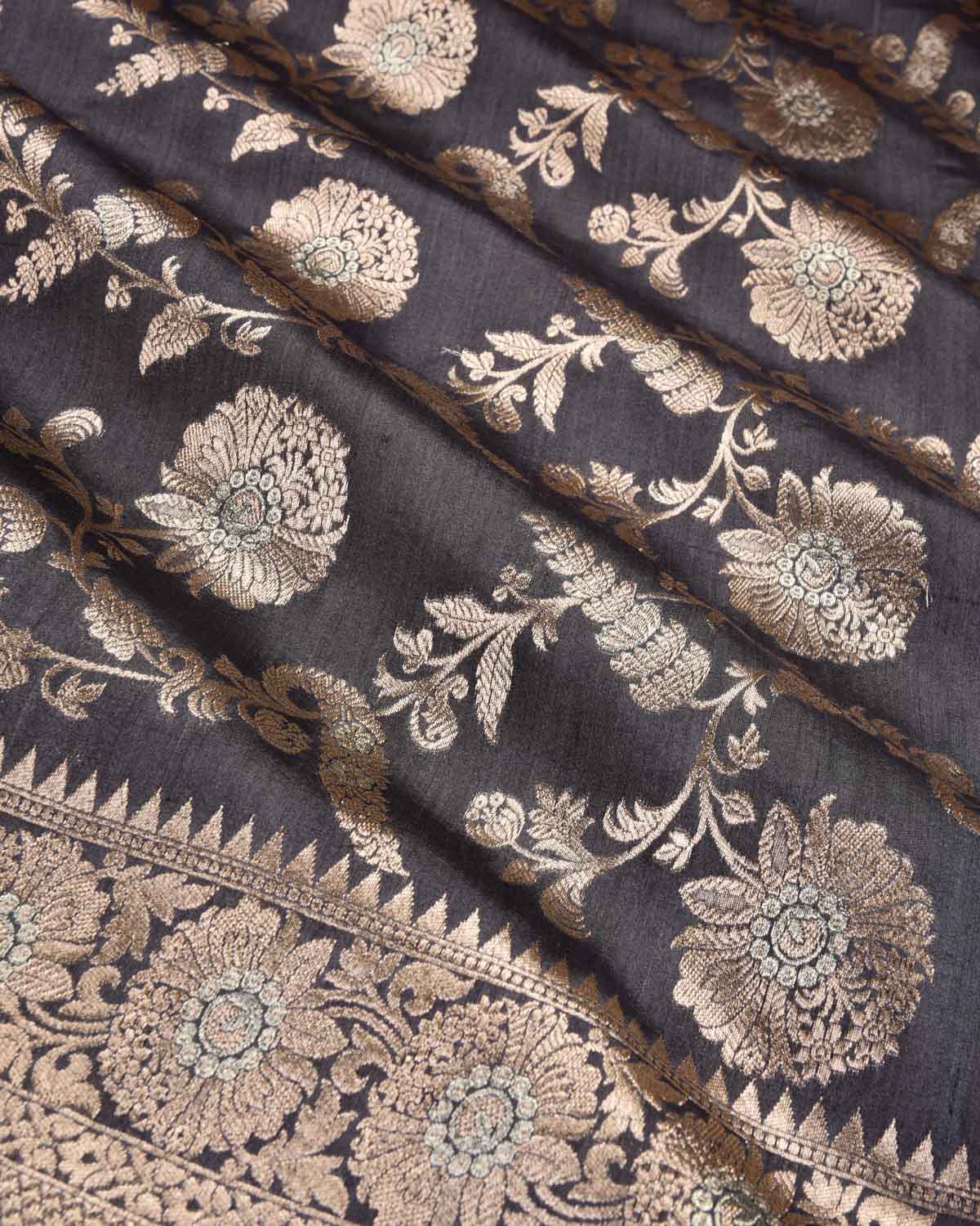 Gray Banarasi Gold & Silver Zari Jaal Overdyed Cutwork Brocade Woven Spun Silk Saree - By HolyWeaves, Benares