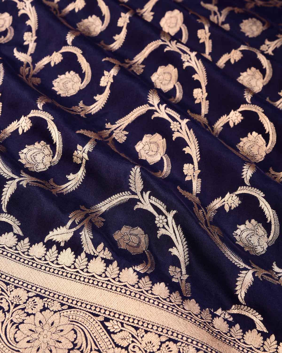 Navy Blue Banarasi Gold Zari Floral Jaal Cutwork Brocade Handwoven Katan Silk Saree - By HolyWeaves, Benares