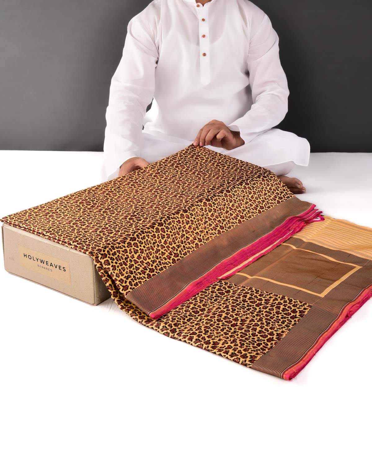 Mustard Yellow Banarasi Leopard Stripes Alfi Resham Brocade Handwoven Katan Silk Saree - By HolyWeaves, Benares