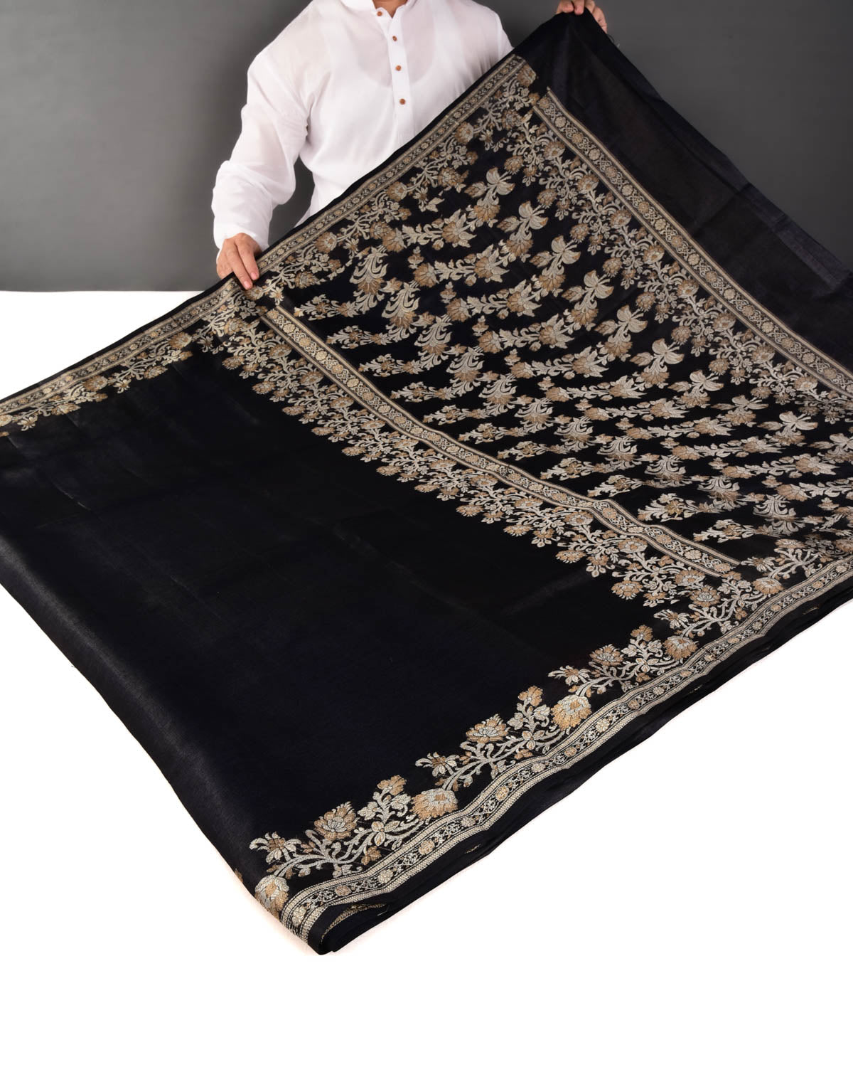 Black Banarasi Resham Brocade Handwoven Tasar Silk Saree - By HolyWeaves, Benares