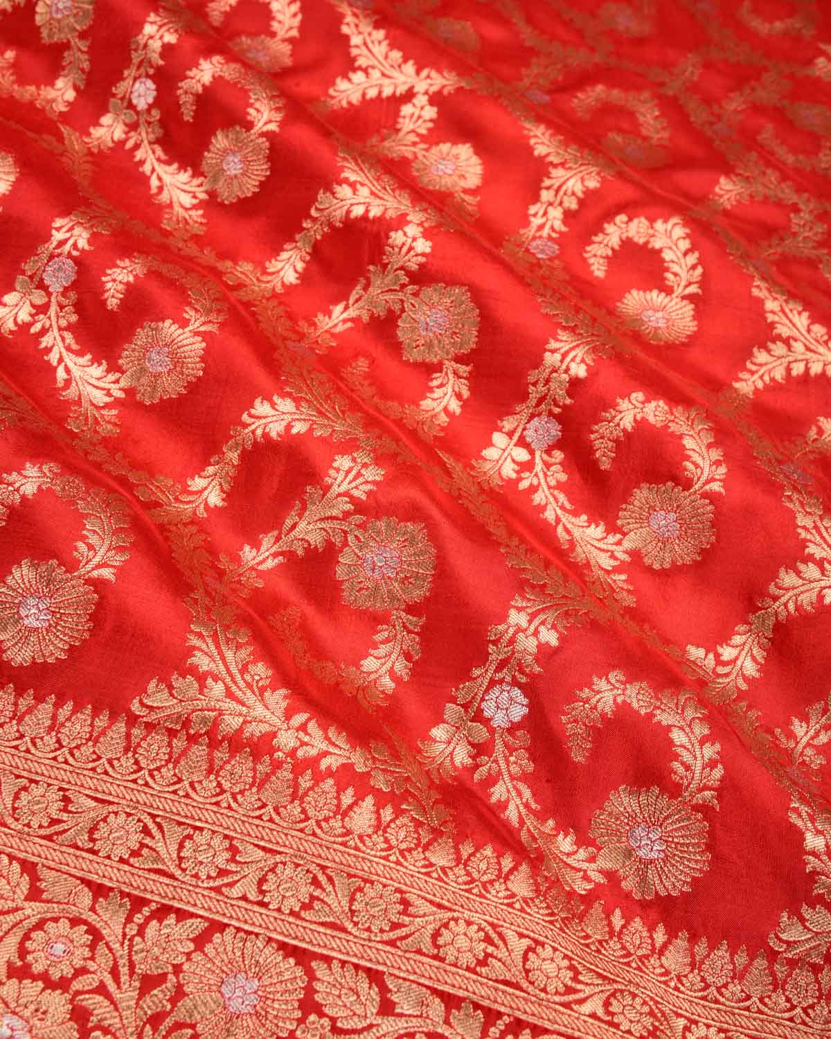 Red Banarasi Gold & Silver Zari Floral Jaal Cutwork Brocade Handwoven Katan Silk Saree - By HolyWeaves, Benares