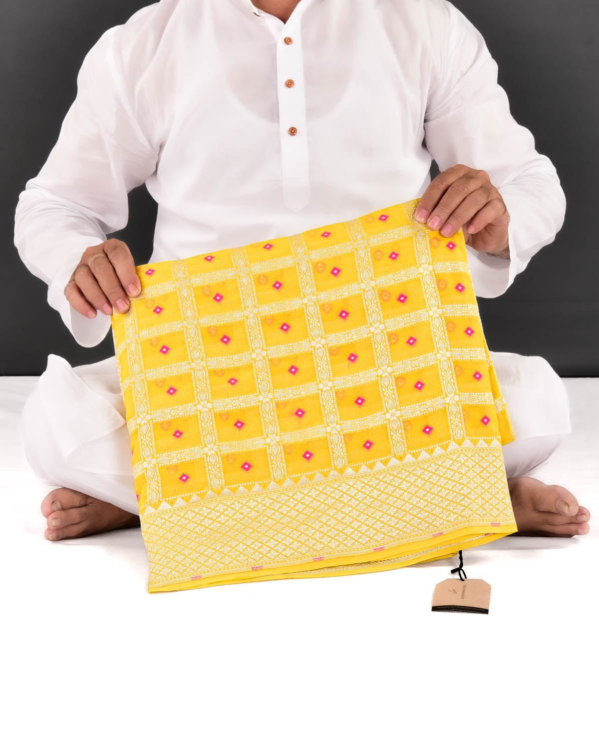 Yellow Banarasi Silver Zari Chequered Cutwork Brocade Handwoven Khaddi Georgette Saree with Pink Resham Buti - By HolyWeaves, Benares