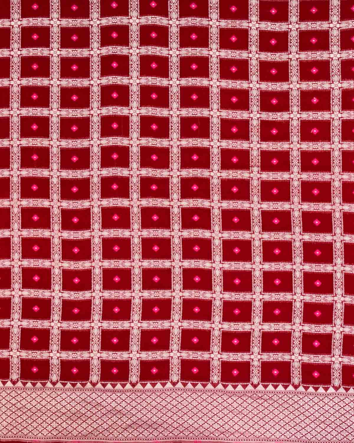 Red Banarasi Silver Zari Chequered Cutwork Brocade Handwoven Khaddi Georgette Saree with Pink Resham Buti - By HolyWeaves, Benares