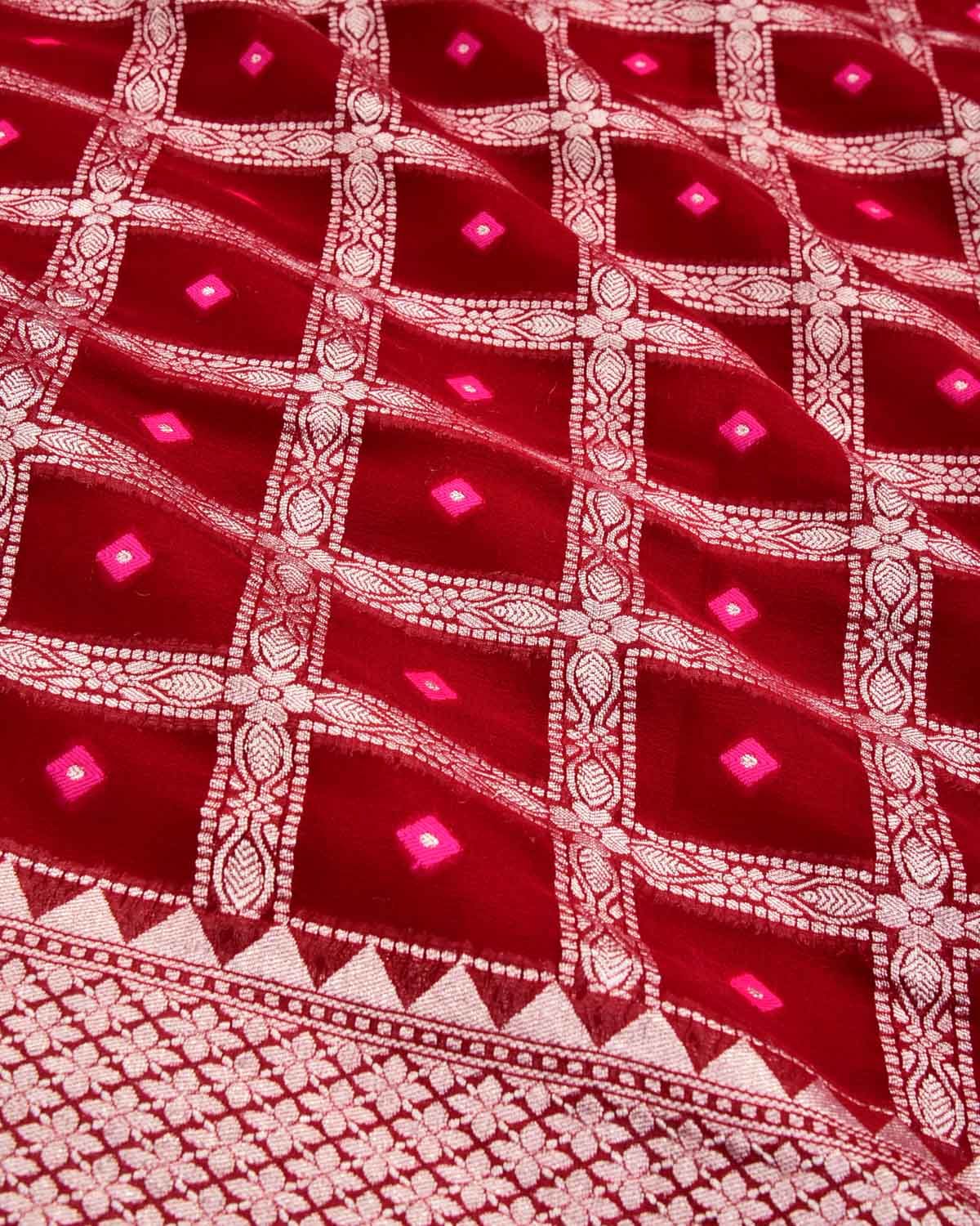 Red Banarasi Silver Zari Chequered Cutwork Brocade Handwoven Khaddi Georgette Saree with Pink Resham Buti - By HolyWeaves, Benares