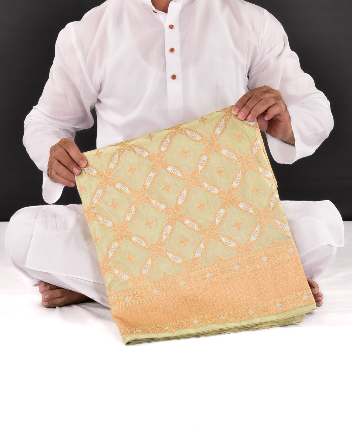 Laurel Green Banarasi Gold & Silver Zari Paisley Grids Cutwork Brocade Handwoven Katan Silk Saree - By HolyWeaves, Benares