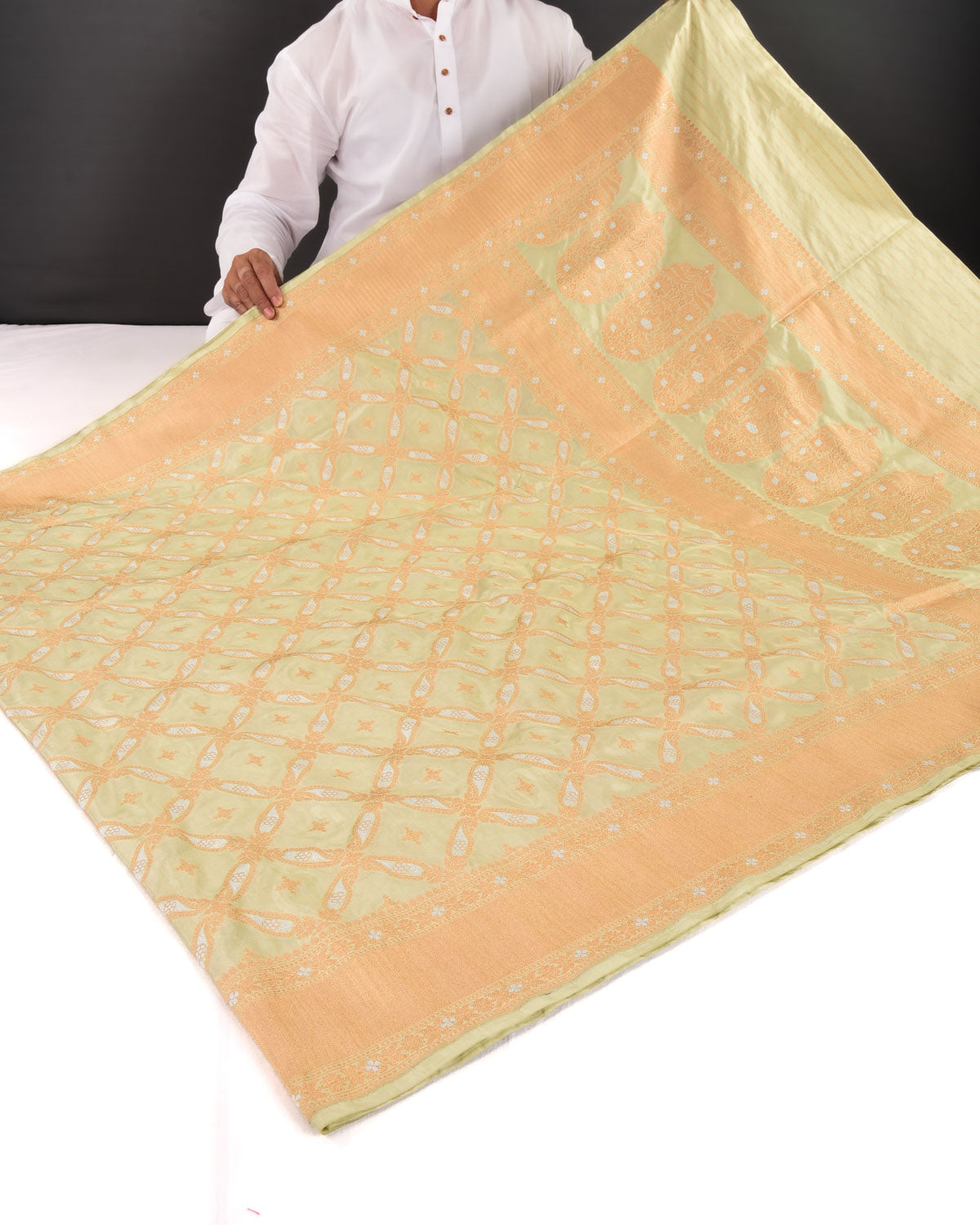 Laurel Green Banarasi Gold & Silver Zari Paisley Grids Cutwork Brocade Handwoven Katan Silk Saree - By HolyWeaves, Benares