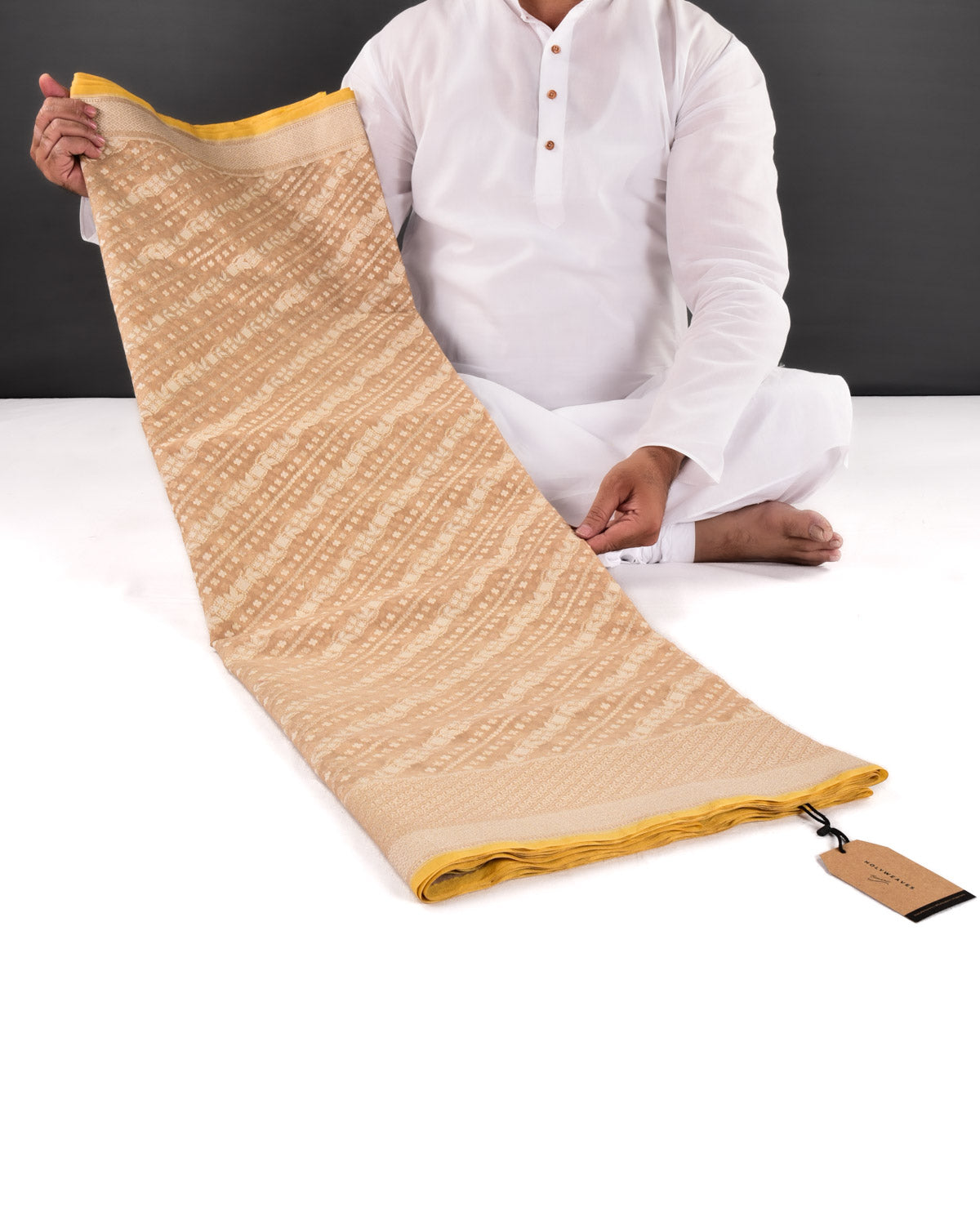 Beige Banarasi Gold Zari & White Resham Alfi Diagonal Buti Cutwork Brocade Handwoven Cotton Silk Saree - By HolyWeaves, Benares