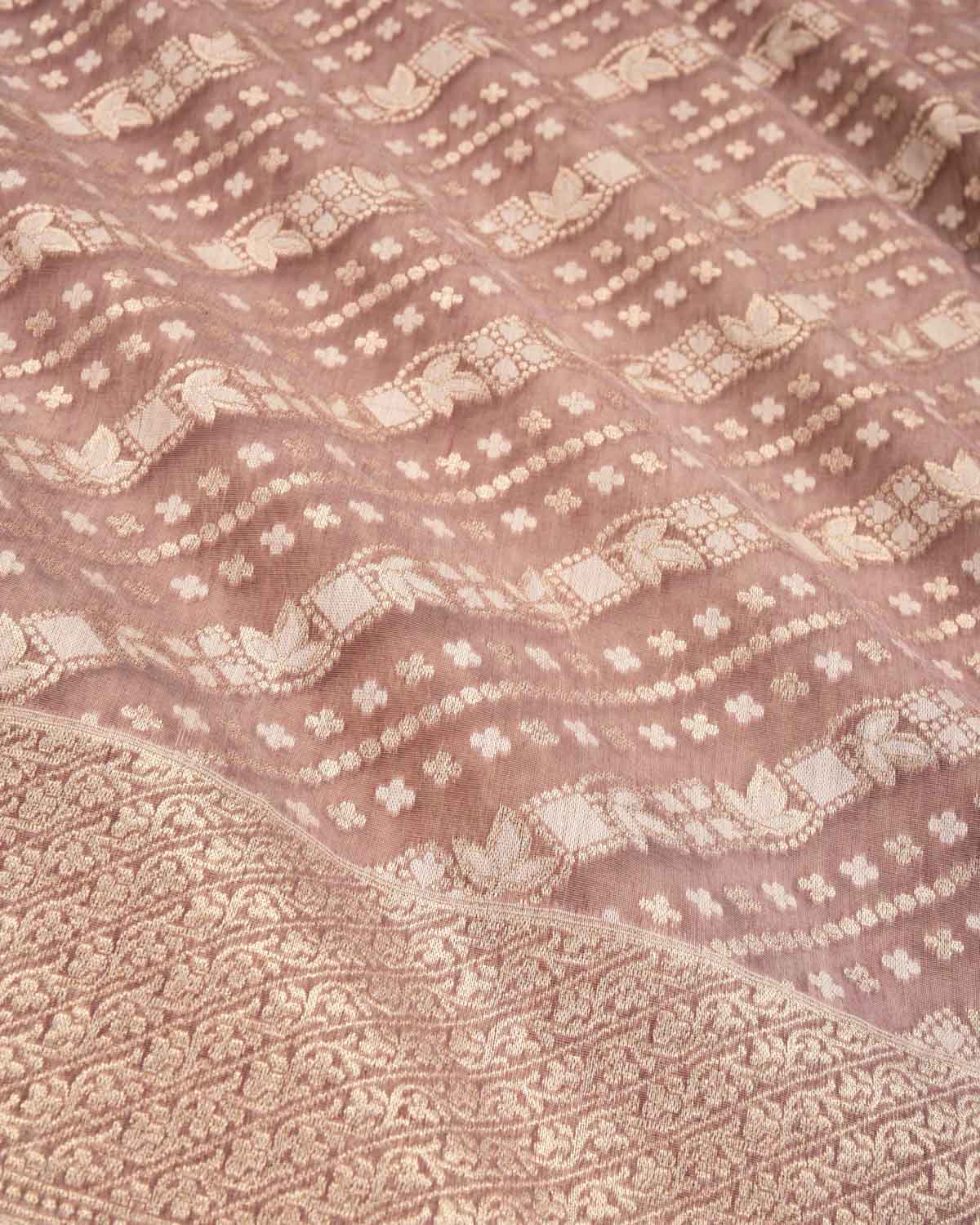 Mauve Banarasi Gold Zari & White Resham Alfi Diagonal Buti Cutwork Brocade Handwoven Cotton Silk Saree - By HolyWeaves, Benares