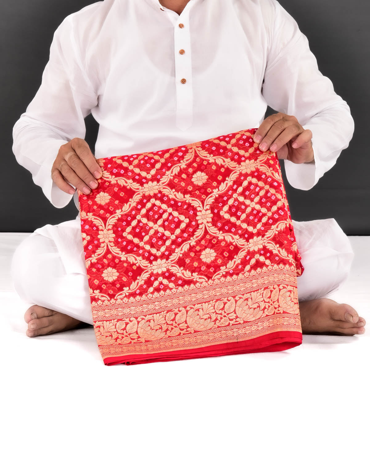 Red Banarasi Cutwork Brocade Handwoven Khaddi Georgette Saree with White & Yellow Bandhej - By HolyWeaves, Benares