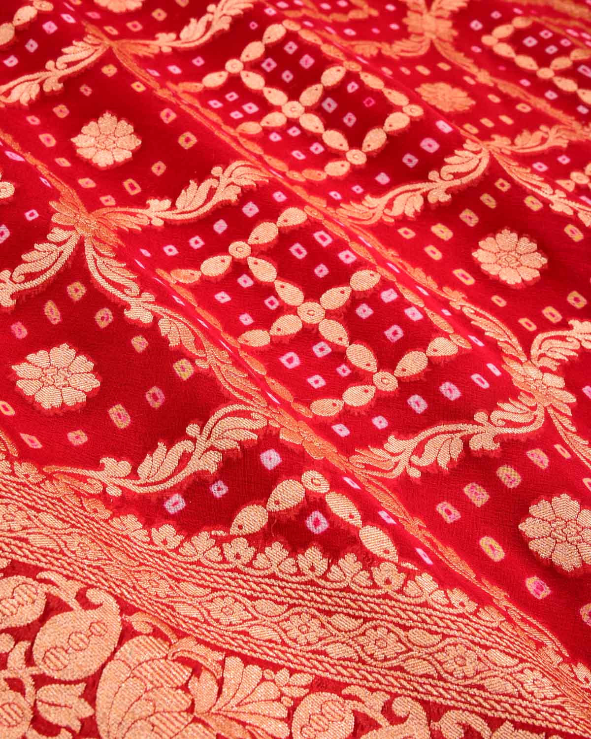 Red Banarasi Cutwork Brocade Handwoven Khaddi Georgette Saree with White & Yellow Bandhej - By HolyWeaves, Benares
