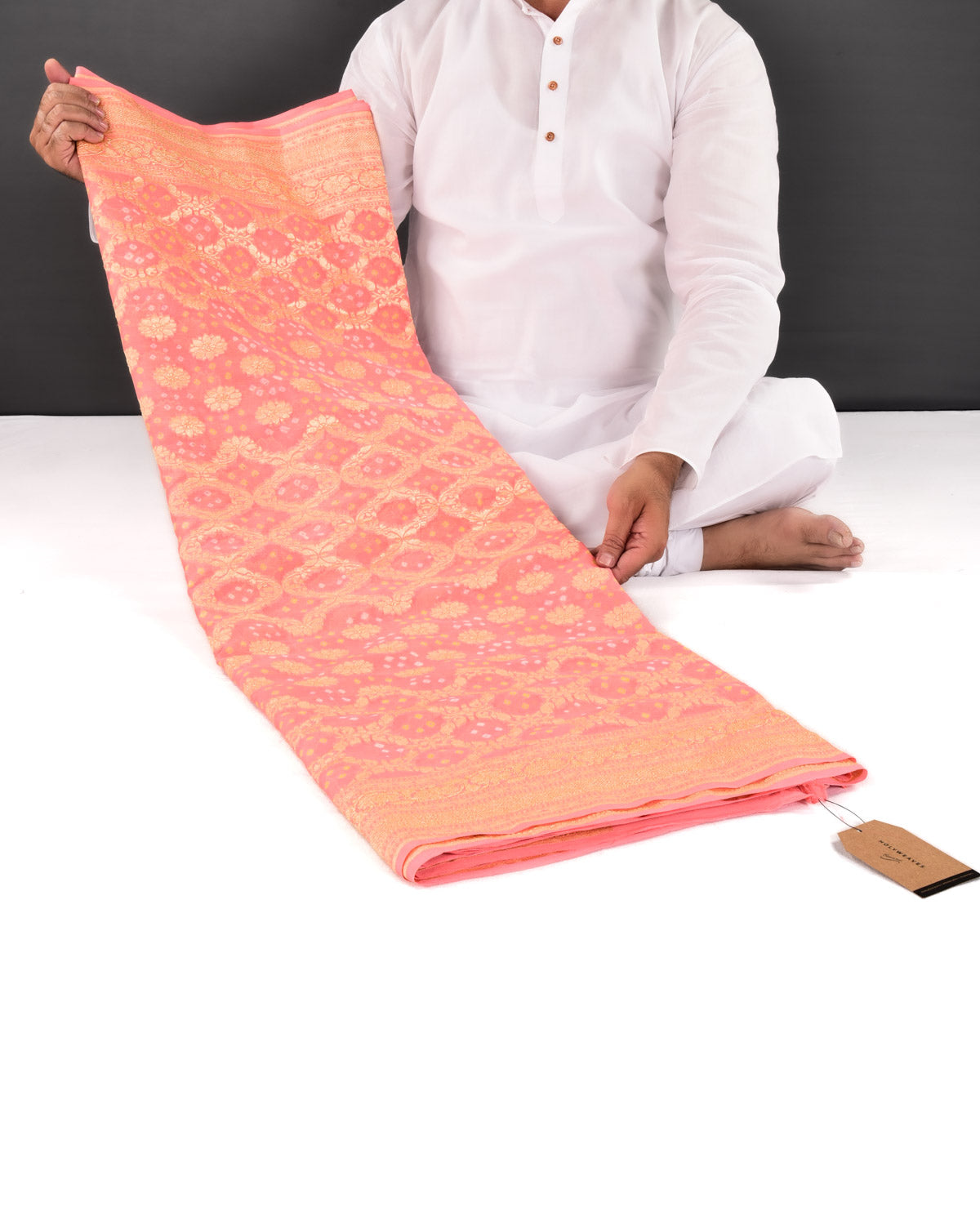 Peach Banarasi Cutwork Brocade Handwoven Khaddi Georgette Saree with White & Yellow Bandhej - By HolyWeaves, Benares