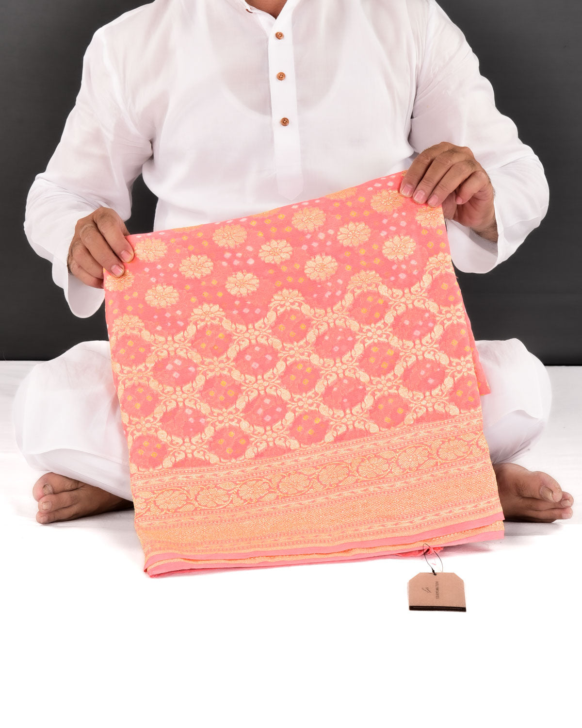 Peach Banarasi Cutwork Brocade Handwoven Khaddi Georgette Saree with White & Yellow Bandhej - By HolyWeaves, Benares