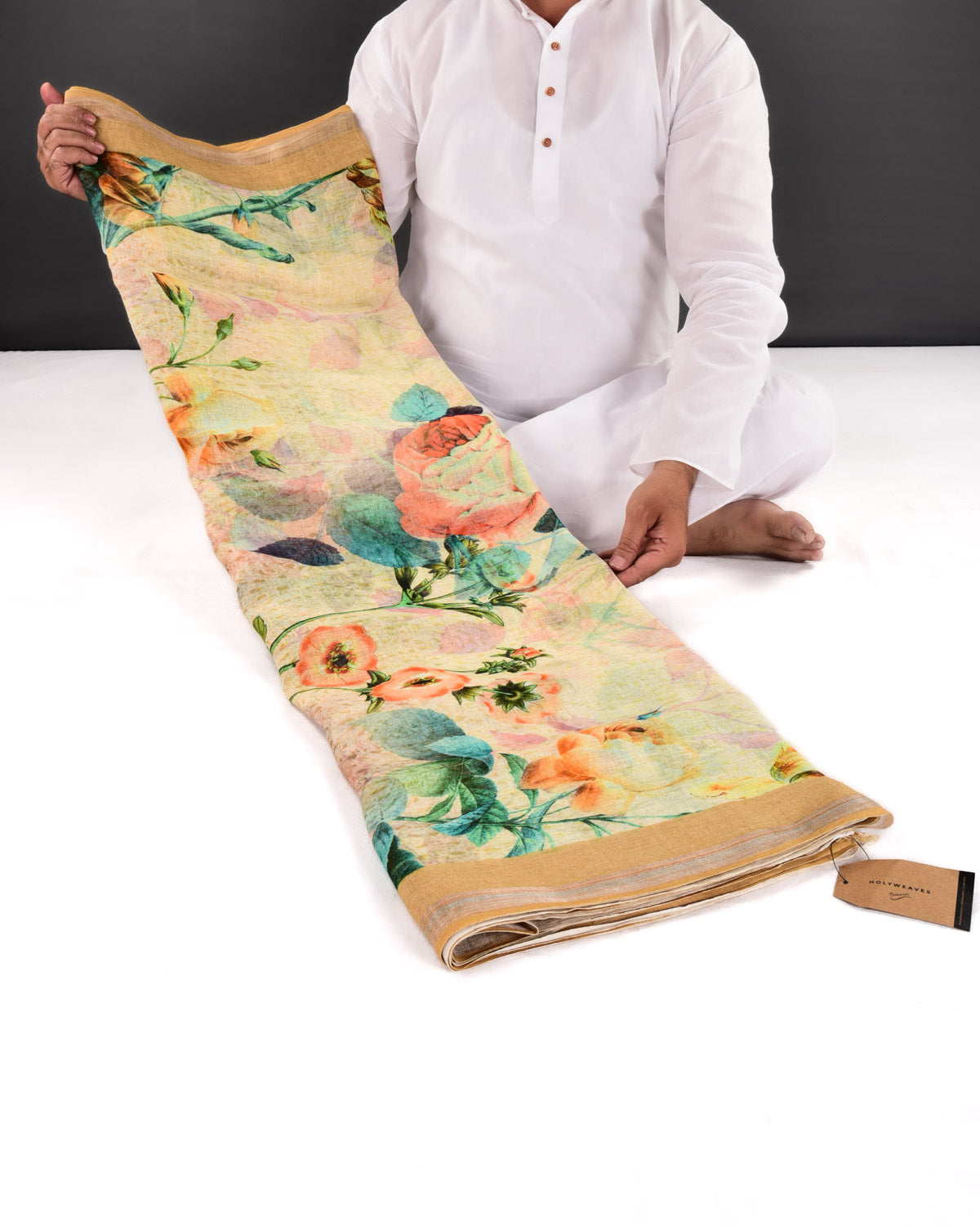 Pastel Yellow Banarasi Floral Printed Linen Cotton Saree - By HolyWeaves, Benares