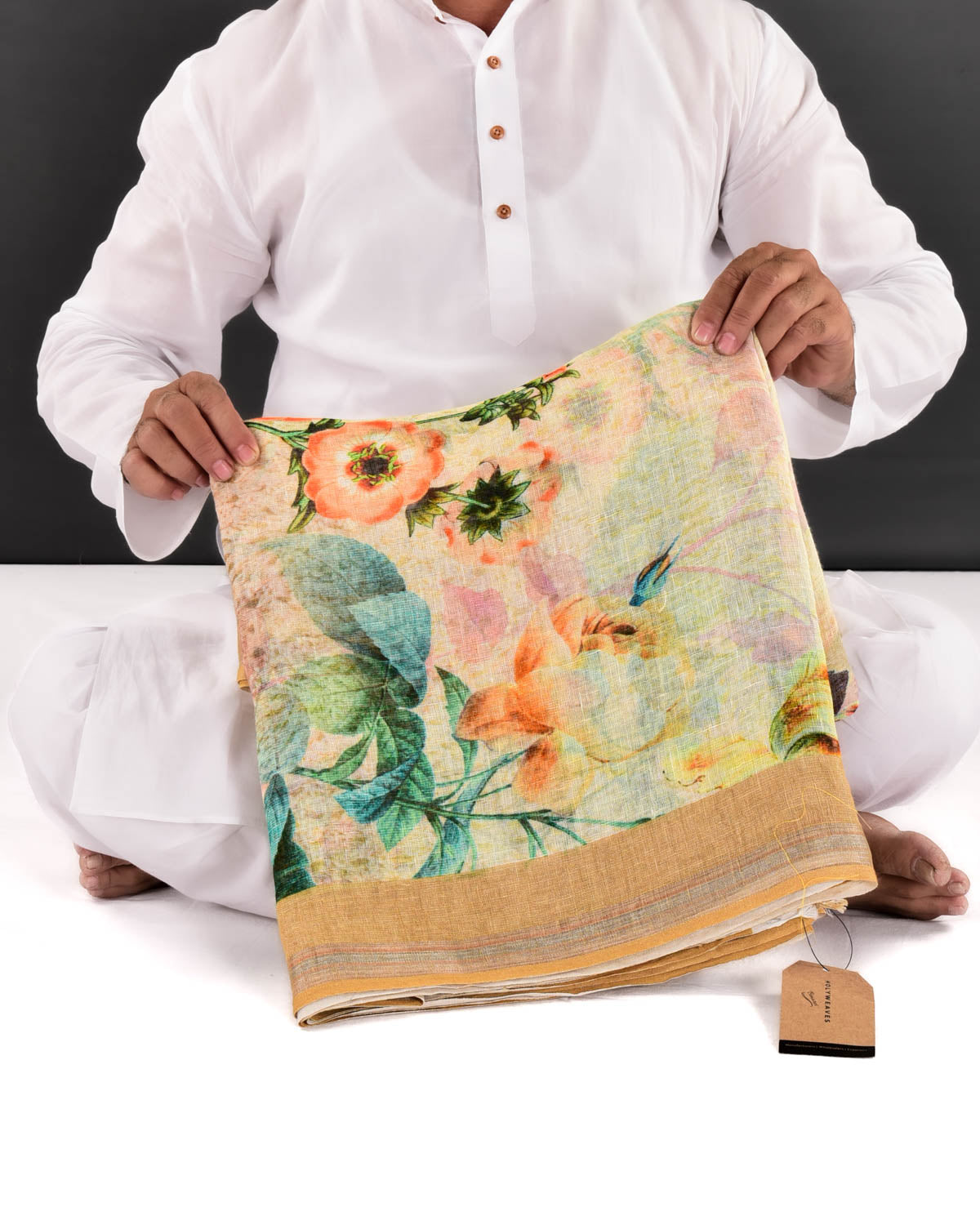 Pastel Yellow Banarasi Floral Printed Linen Cotton Saree - By HolyWeaves, Benares