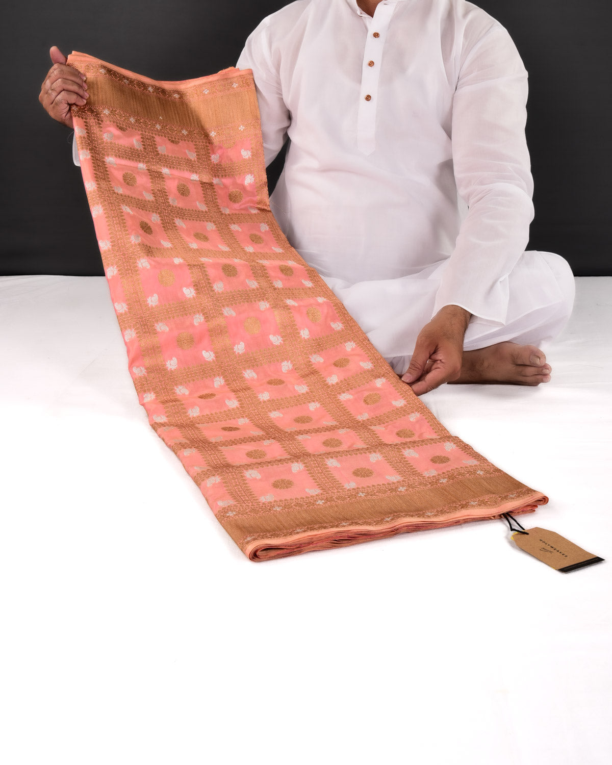 Peach Banarasi Gold & Silver Zari Gharchola Cutwork Brocade Handwoven Katan Silk Saree - By HolyWeaves, Benares