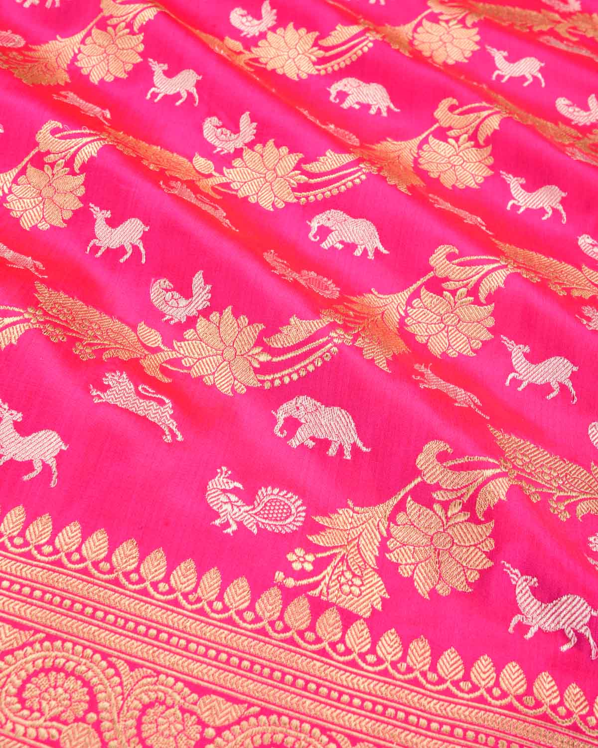 Shot Red-Pink Banarasi Gold Zari Floral Diagonal Aada Kadhuan Brocade Handwoven Katan Silk Saree with Silver Zari Elephant Peacock Parrot Deer & Lion - By HolyWeaves, Benares