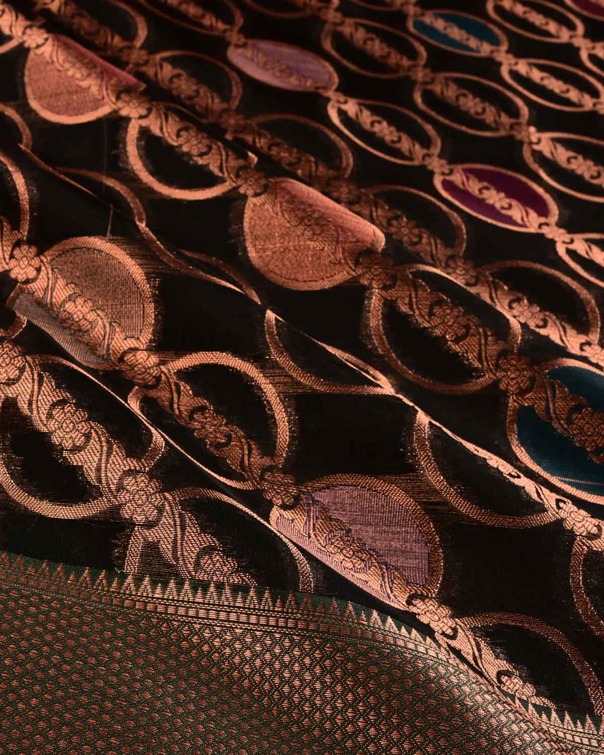 Black Banarasi Antique Zari Cutwork Brocade Woven Art Silk Saree with Diagonal Aada Meena Spheres - By HolyWeaves, Benares