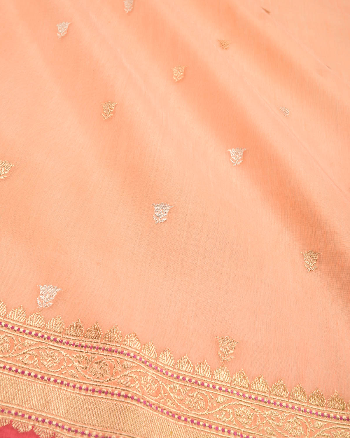 Peach Banarasi Gold & Silver Zari Buti Kadhuan Brocade Handwoven Cotton Silk Saree - By HolyWeaves, Benares