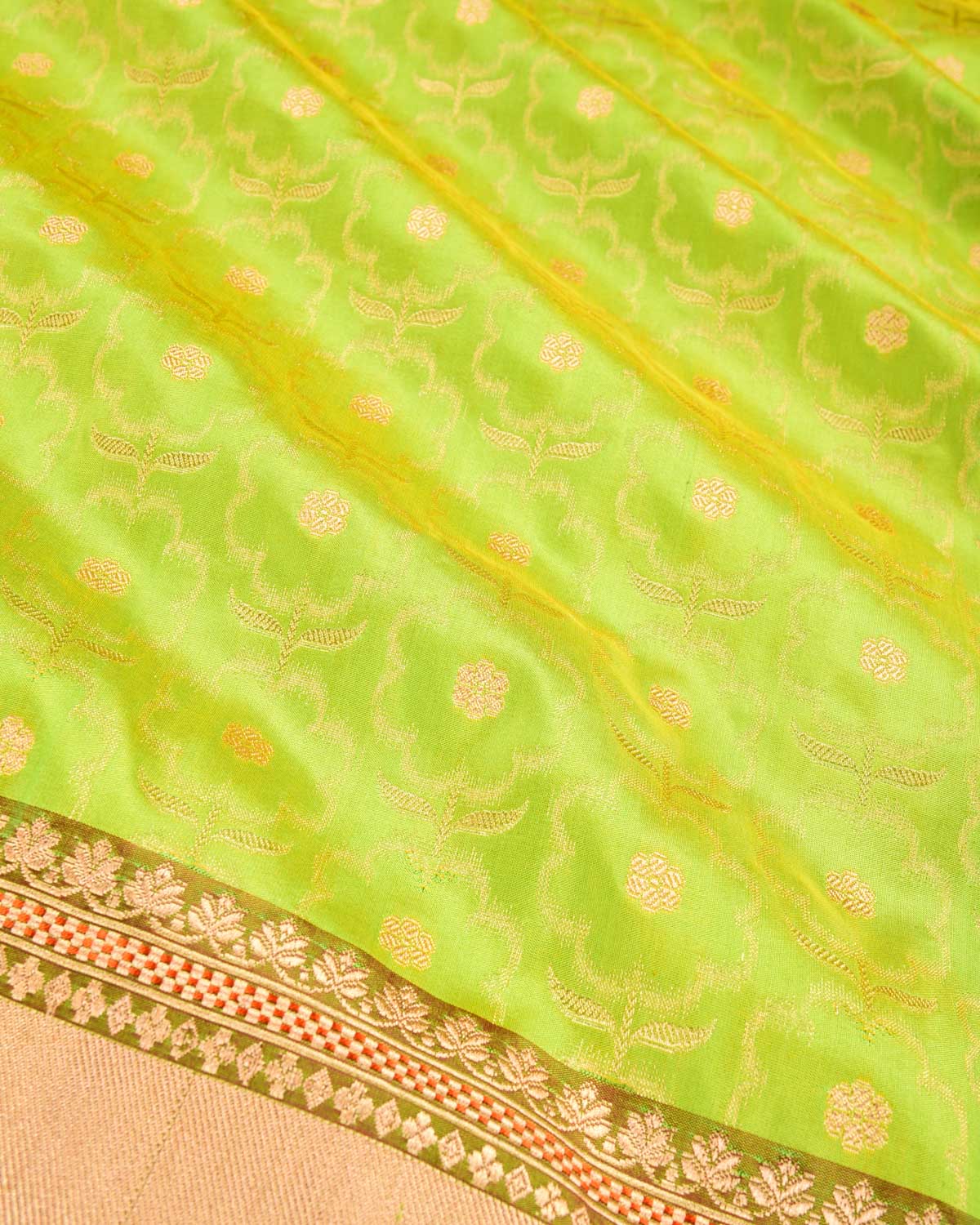 Green Banarasi Gold Zari Floral Buta Cutwork Brocade Handwoven Katan Silk Saree - By HolyWeaves, Benares